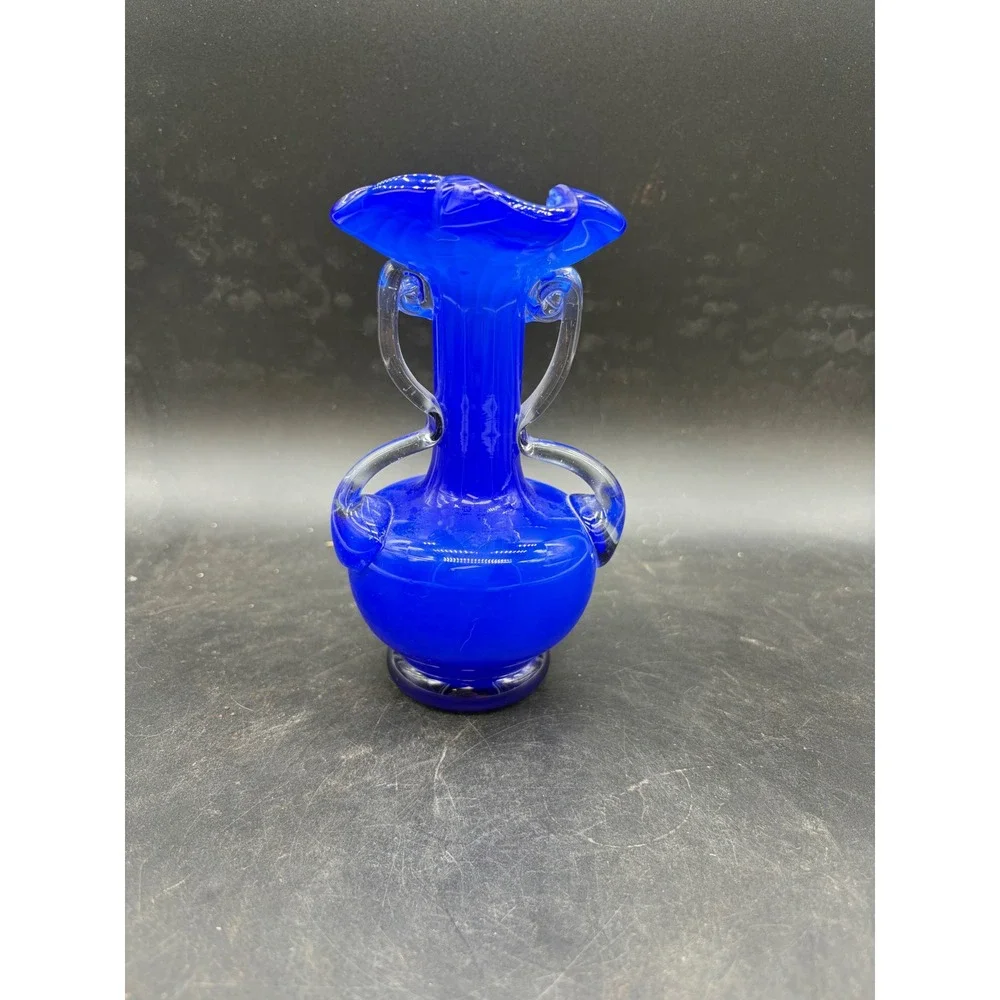 Vintage Cobalt Blue Art Glass Vase Ruffled Rim White‎ Opalescent Applied Handles